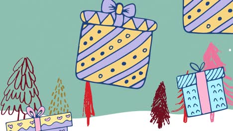 Animation-of-presents-falling-on-blue-background-with-fir-trees-at-christmas
