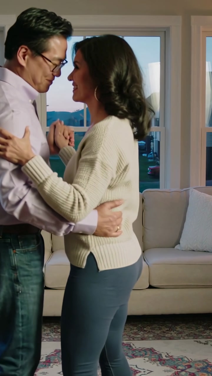 Vertical video: Smiling couple in shirt, sweater drawing closer, swaying at home by sofa loving