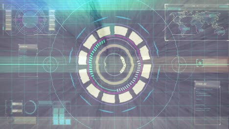 light trails and glitch effect against round neon scanner and digital interface with data processing