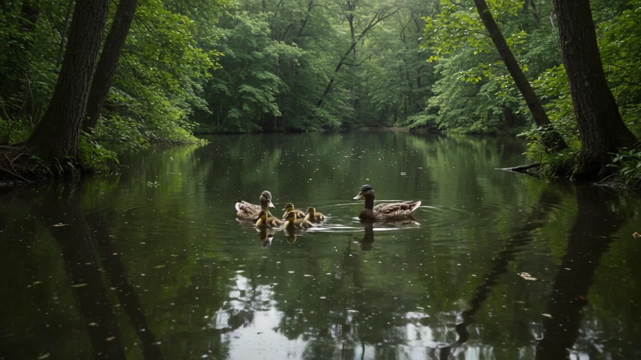 Ett fridfullt familjeögonblick: Ankor och deras ankungar simmar lugnt i en frodig grön skogsdamm, omgiven av livfulla träd och reflekterande vatten.