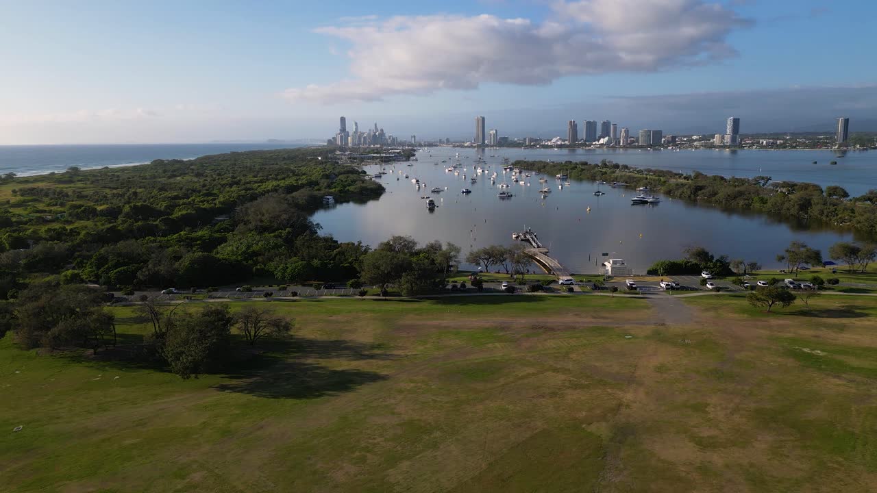 Right to left aerial View over Doug Jennings Park looking South towards Surfers Paradise, Gold Coast, Australia.