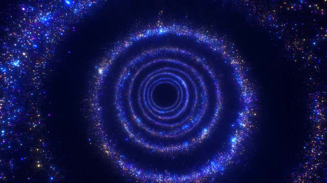 Concentric rings of bright blue and purple particles form a spiraling tunnel that draws the eye toward a dark central void. Luminous neon highlights