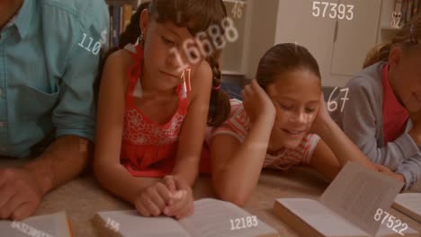 Animation-of-numbers-over-diverse-schoolchildren-writing