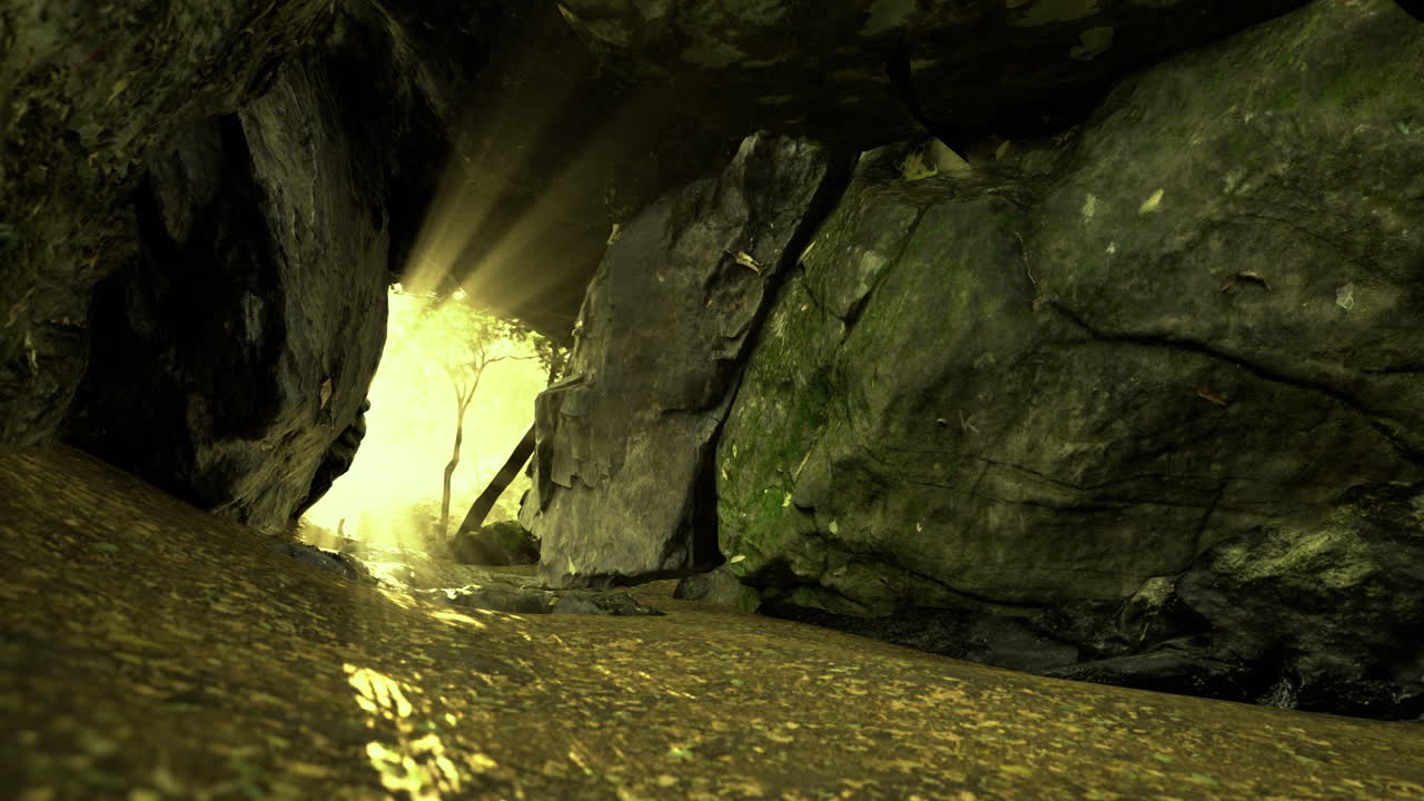descubriendo un arroyo de bosque escondido con la luz del sol filtrando a través de las rocas