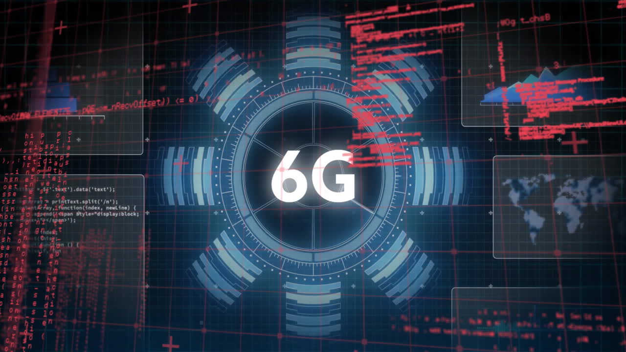 Animation of futuristic 6G technology with digital interface and data visualization