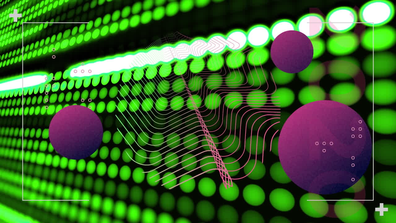 animación de los datos de procesamiento de la interfaz, con luces verdes, curvas paralelas y esferas