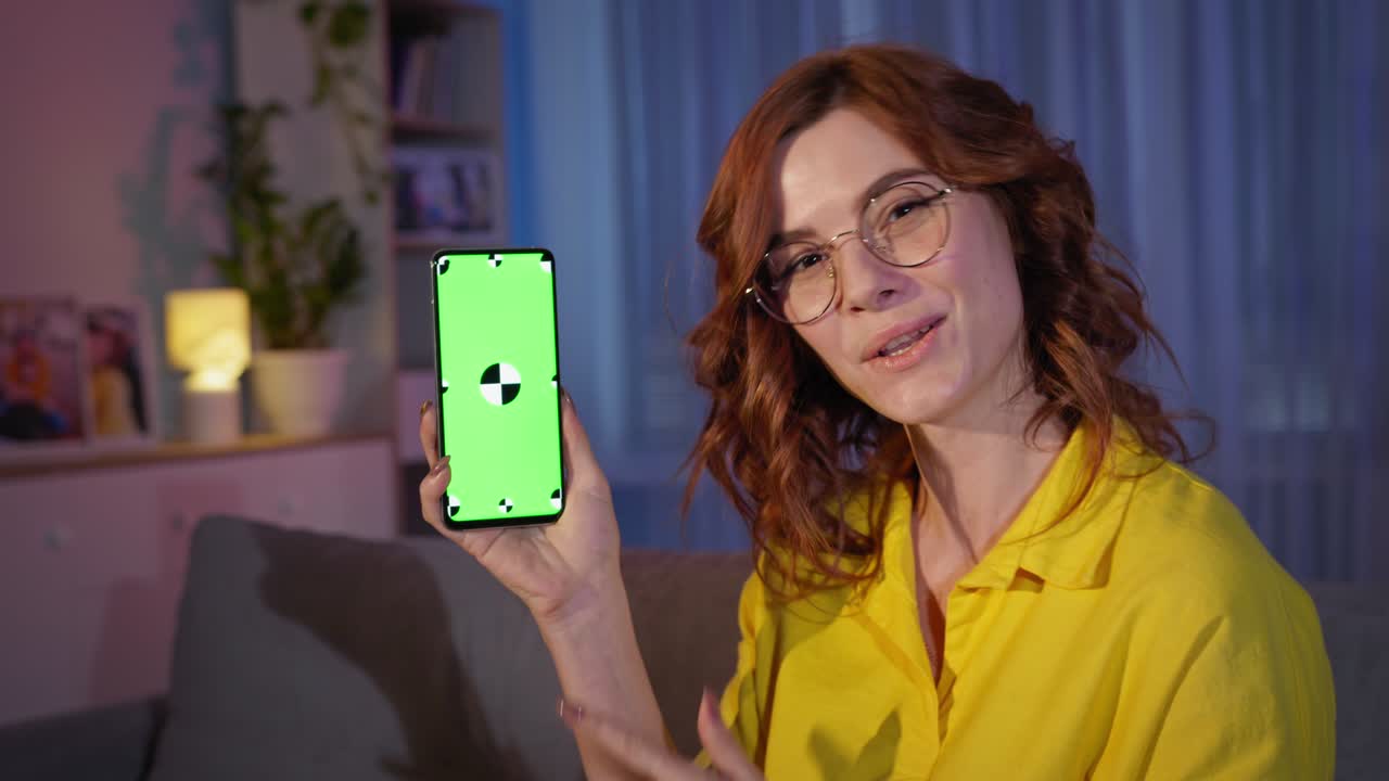 retrato de una joven encantadora que alegremente señala con el dedo la pantalla de su teléfono inteligente con una llave de croma verde durante un descanso nocturno en casa, concepto de felicidad y buena suerte