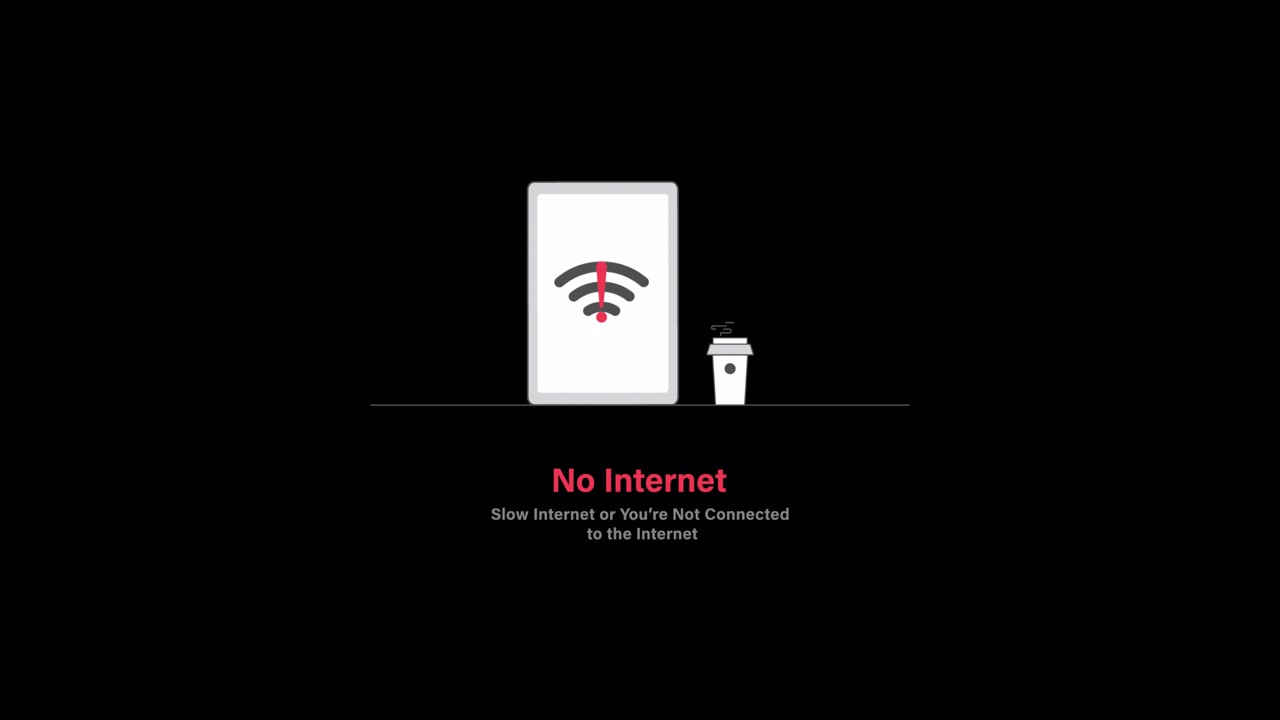 Messaggio animato 'Nessuna connessione internet' con smartphone e tazza di caffè