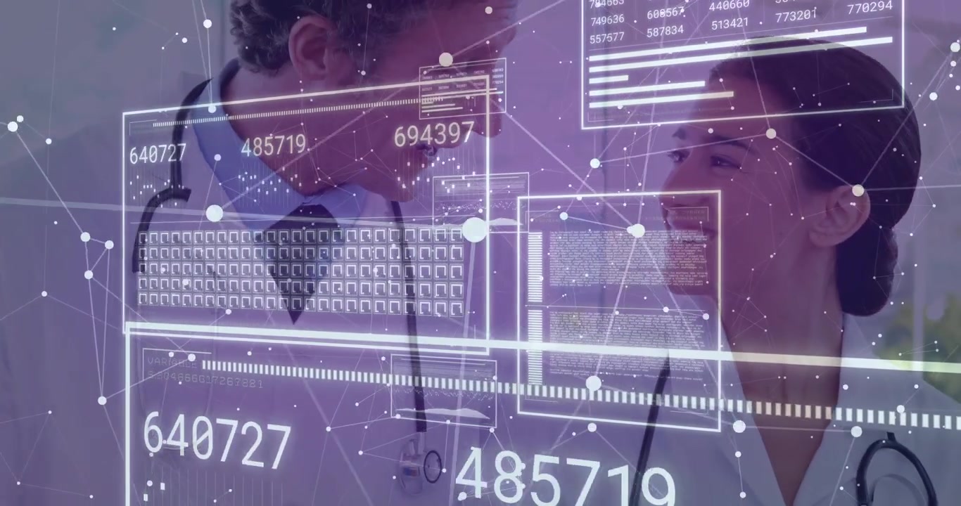 Doctor tapping tablet animating hologram charts as colleague pointing for diagnosis reviewing stats