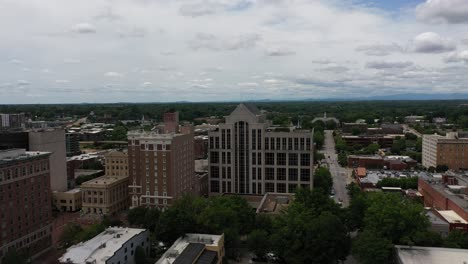 aerial shot of greenville in south carolina, historic buildings and on a cloudy day