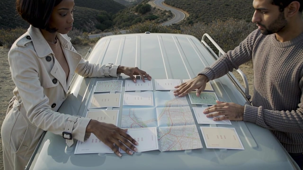 Pulling up, couple in coat, sweater leaning and aligning maps on hood at hillside, planning route