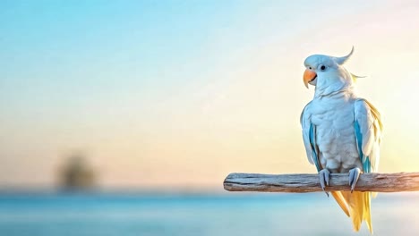 White Parrot Perched on a Branch by the Ocean at Sunset