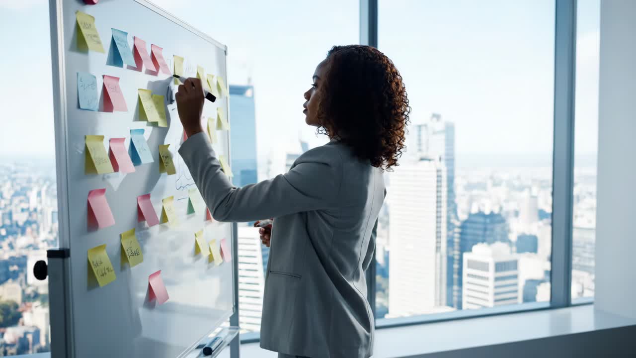 Businesswoman Brainstorming Ideas on Whiteboard in Modern Office