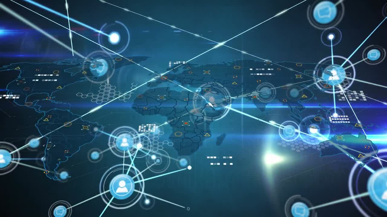 세계 지도 위의 아이콘으로 연결 네트워크의 애니메이션