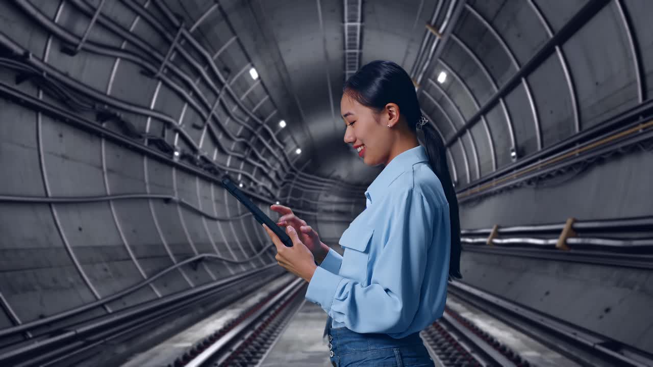 Side View Of Asian Female With Her Tablet In Underground Subway Tunnel, Checking On Her Tablet With Meditation