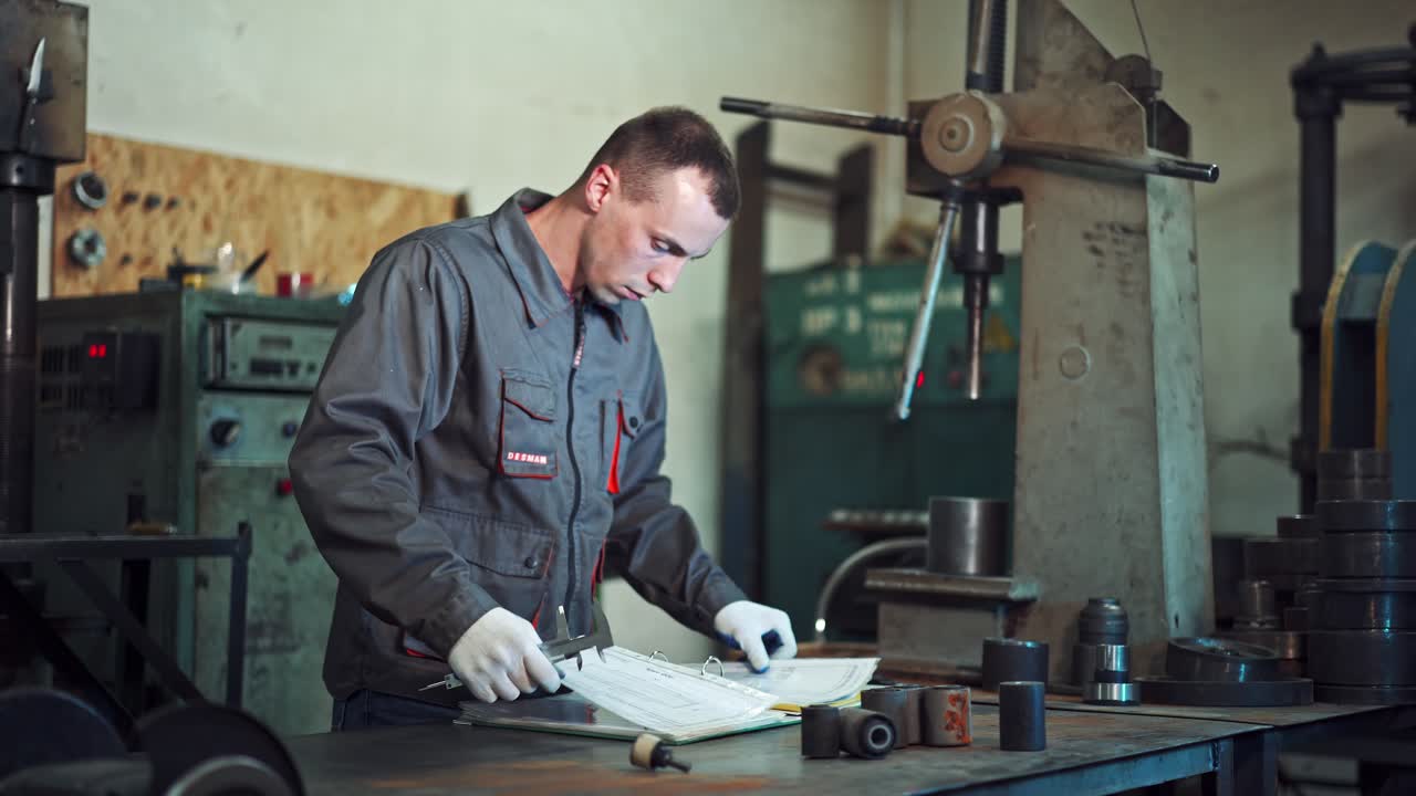 Man measures the piece caliper. Close up of engineer focusing and measure on part accurary and precision in industry part manufacturing