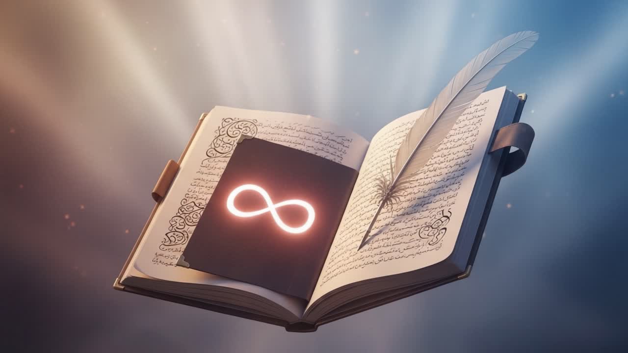 A Mystic Open Book with an Infinite Symbol and Feather Quill Capturing the Essence of Knowledge and Imagination in an Ethereal Glow