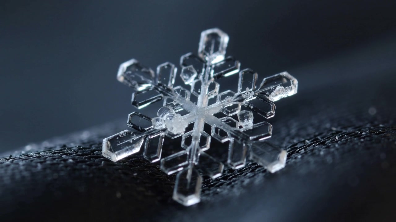 Shifting focus plane revealing single sixfold snow crystal on dark textile, highlighting facets