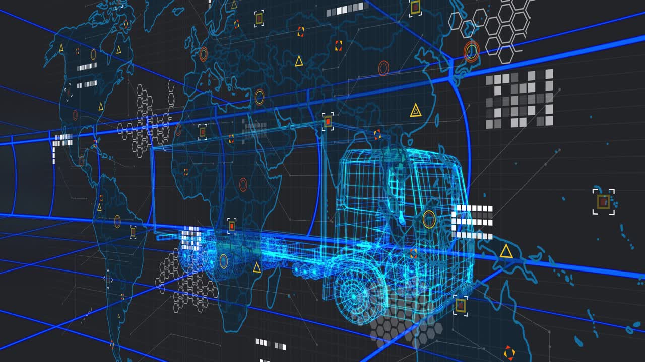 Camion wireframe ciano che appare, nodi HUD che emergono e collegano i dati per il monitoraggio della flotta globale.