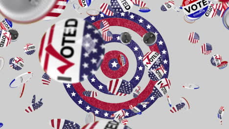 multiple election badges falling against circles with american flag spinning on white background