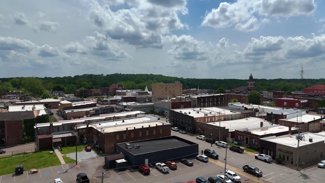Aerial rising shot, revealing downtown Paris Tennessee