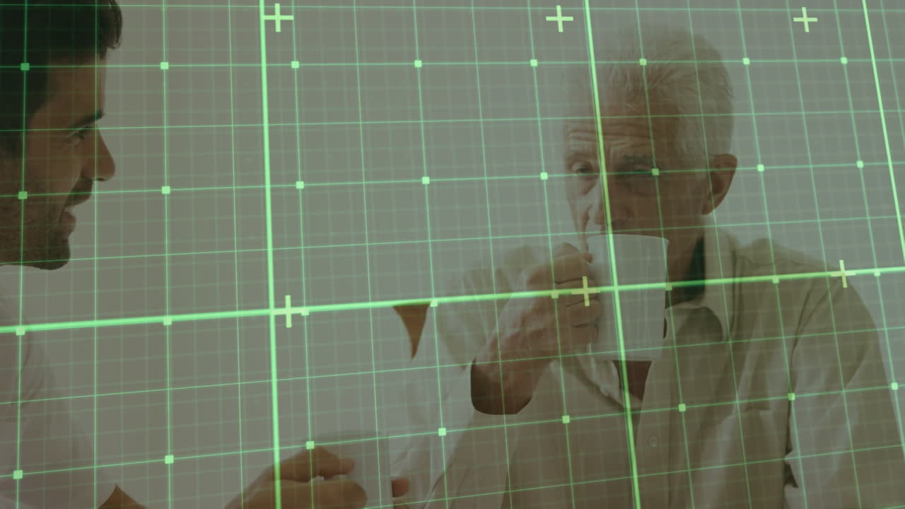 animación del procesamiento de datos sobre un médico caucásico cuidando a un paciente anciano con té