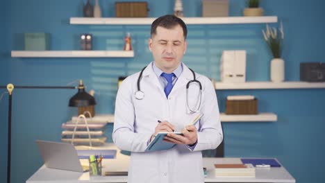 Male-doctor-talking-to-his-online-patient-listens-to-his-patient's-complaints.