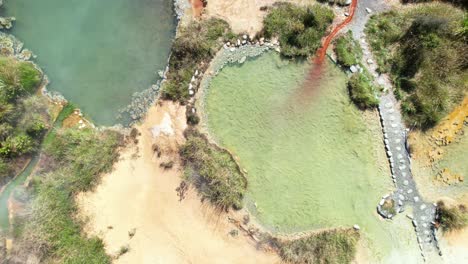 vista desde un avión no tripulado de la colorida piscina de aguas termales geotérmicas en copland track, costa oeste de nueva zelanda