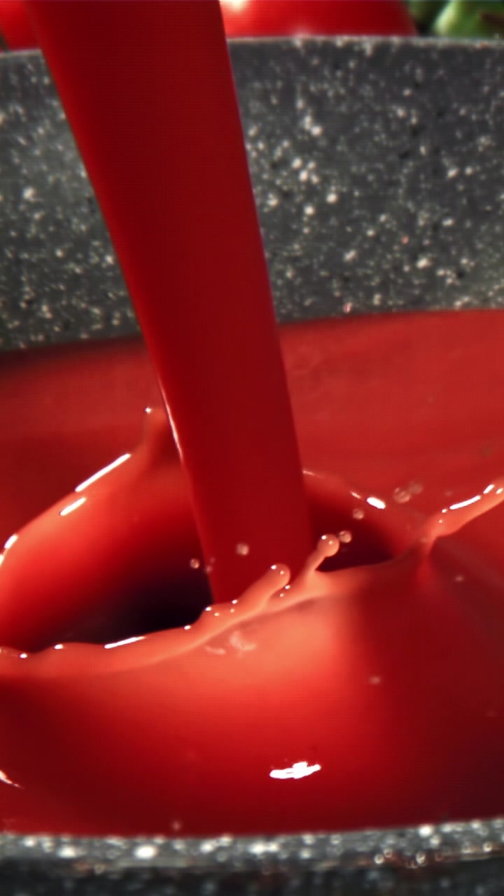 Salsa di pomodoro rosso vivace che si versa in una ciotola scura al rallentatore