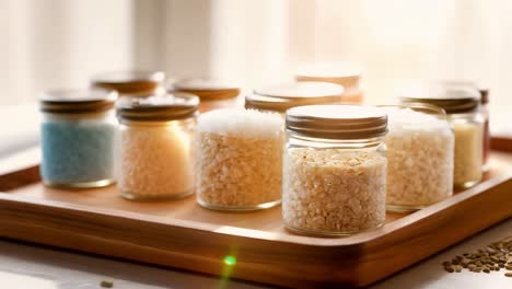 closeup of various grains in small glass jars on wooden tray