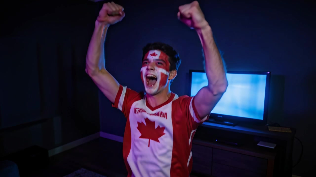 Uomo esultante con la maglia della squadra del Canada e il viso dipinto, che reagisce a un gol in TV in salotto.