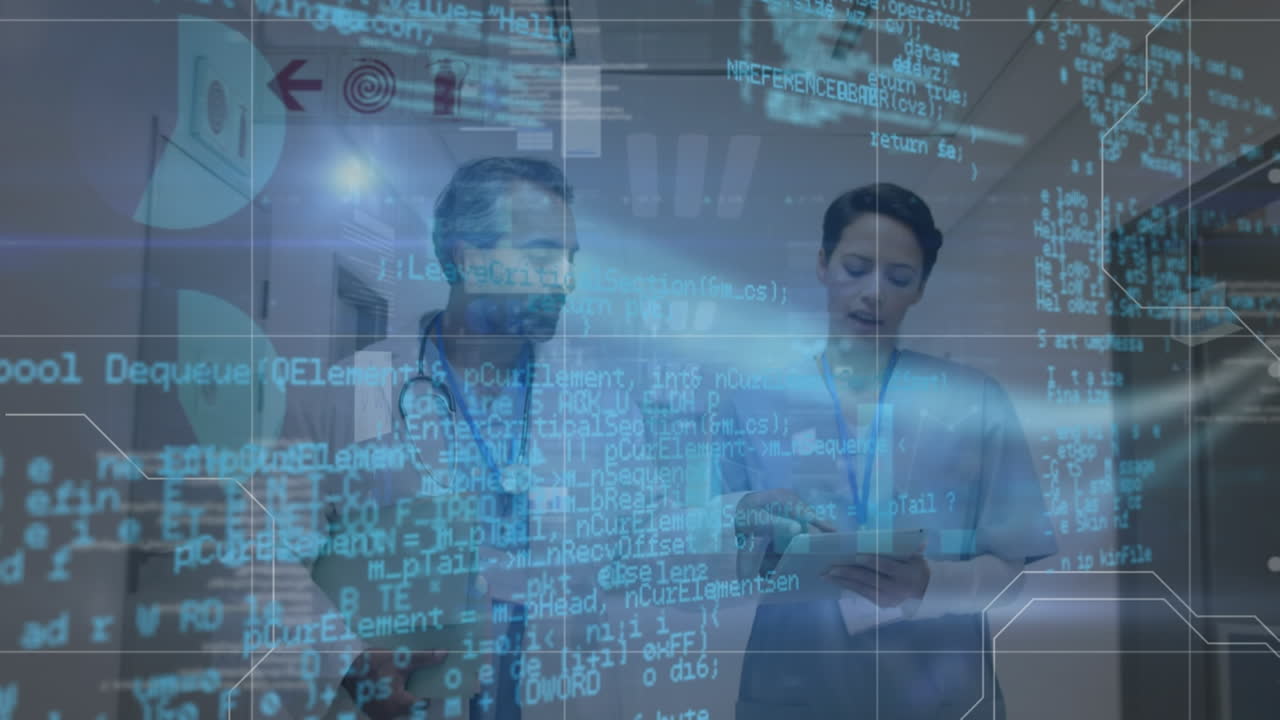 디지털 스크린에서 다양한 여성과 남성 의사에 대한 데이터와 그래프의 애니메이션