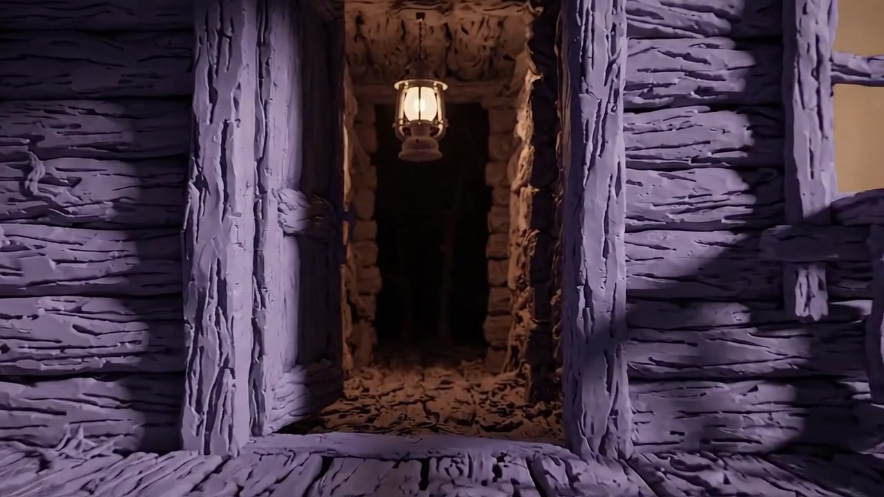 Caminhada Misteriosa por uma Cabana de Argila Enigmática, Apresentando um Sino de Vento que Ecoa Suavemente nas Sombras Sob o Brilho de uma Lanterna em um Corredor Tênue.