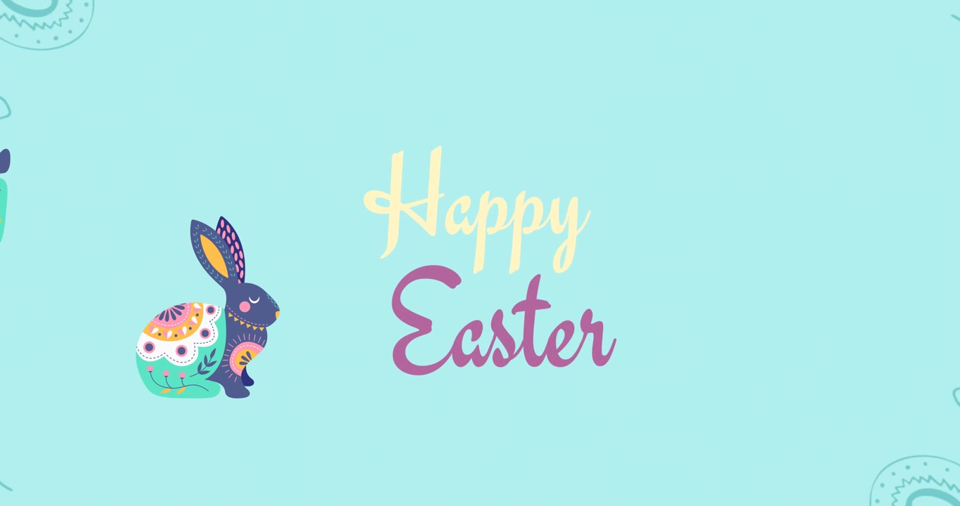 Animazione di testo 'Buona Pasqua' con coniglietti pasquali e cerchio rotante su sfondo blu