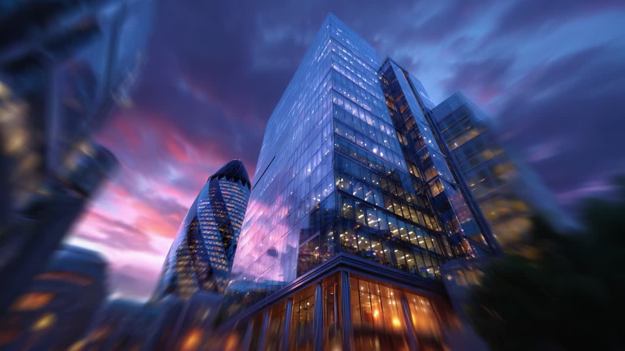 Vista noturna deslumbrante de arranha-céus modernos iluminados pelas luzes da cidade contra um céu crepuscular, exibindo elegância arquitetônica e beleza urbana