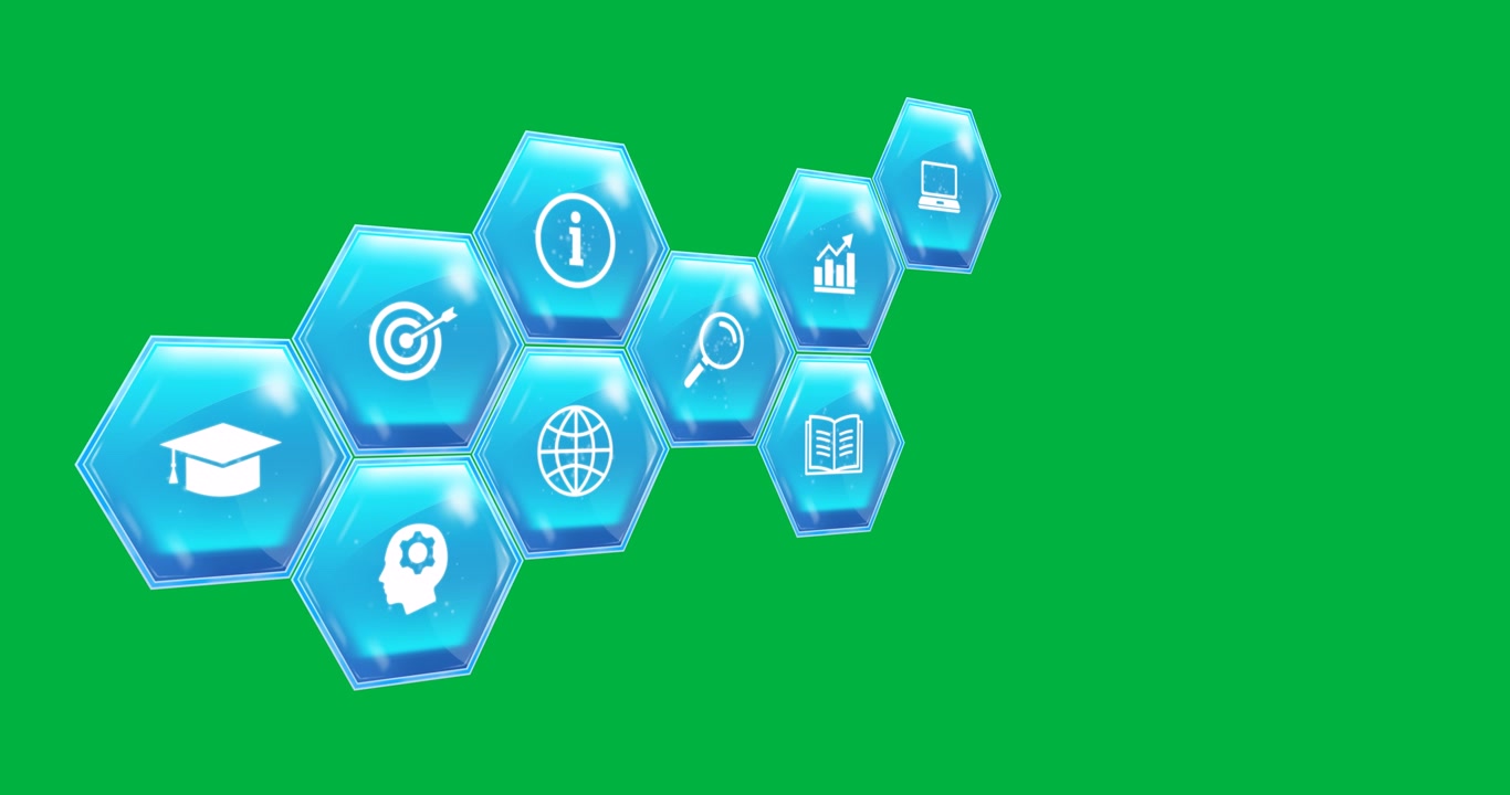 Animation of blue hexagons with icons on transparent background