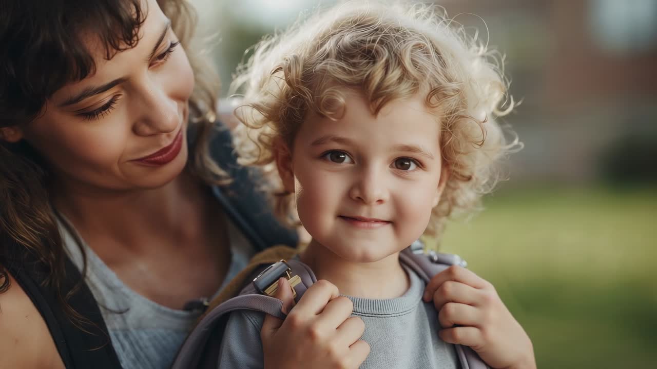 Preparing to leave, mother wearing jacket, leaning and adjusting child's backpack straps on lawn