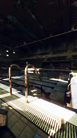 abandoned and overgrown indoor swimming pool