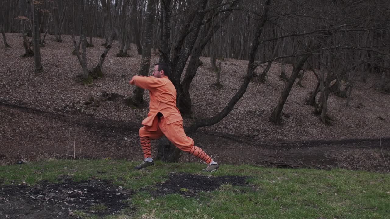 Black Belt Kung Fu Master In Orange Uniform Training In Forest. wide shot
