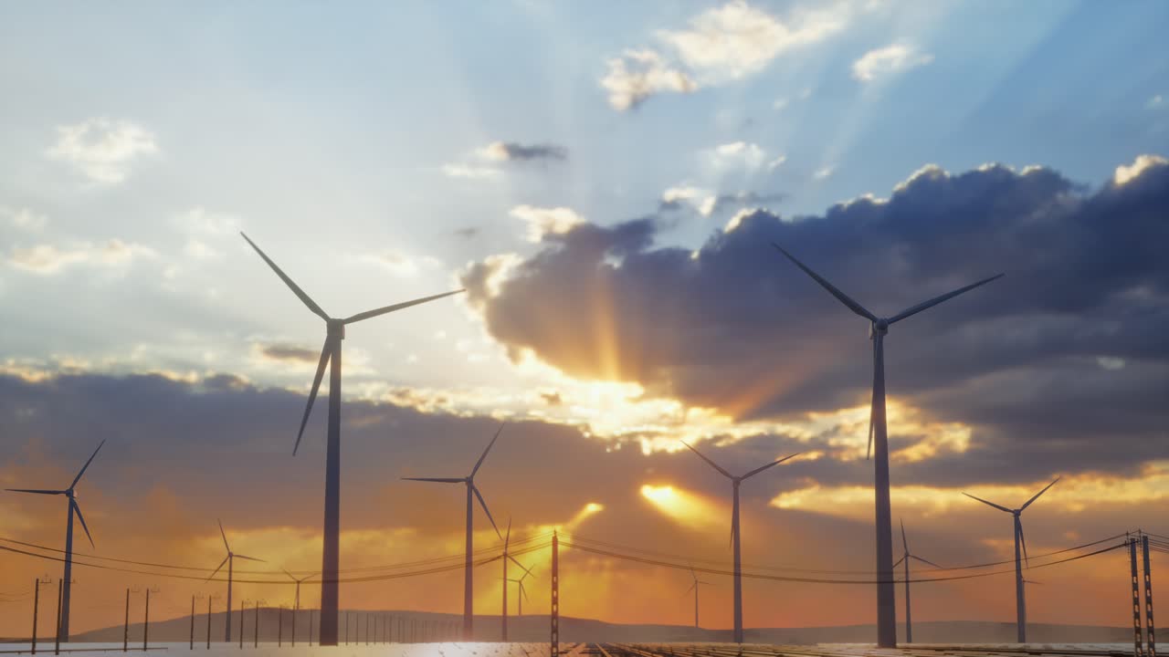 Vindkraftspark vid solnedgången
