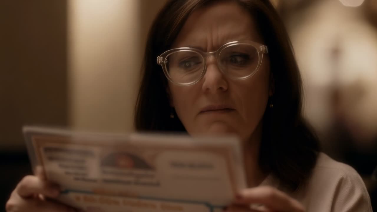 Receiving menu, middle-aged woman wearing clear glasses reading menu at restaurant, deciding order