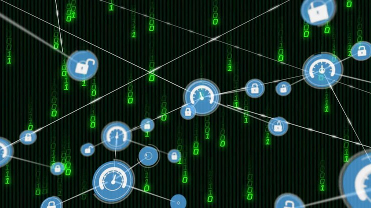 Animation of network of connections with icons over binary coding data processing