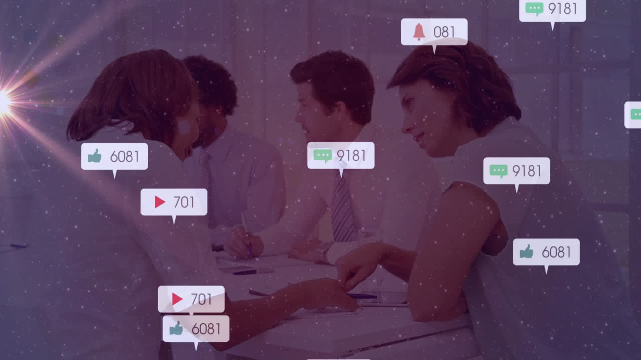 In office, diverse professionals in meeting with animation of social media notifications