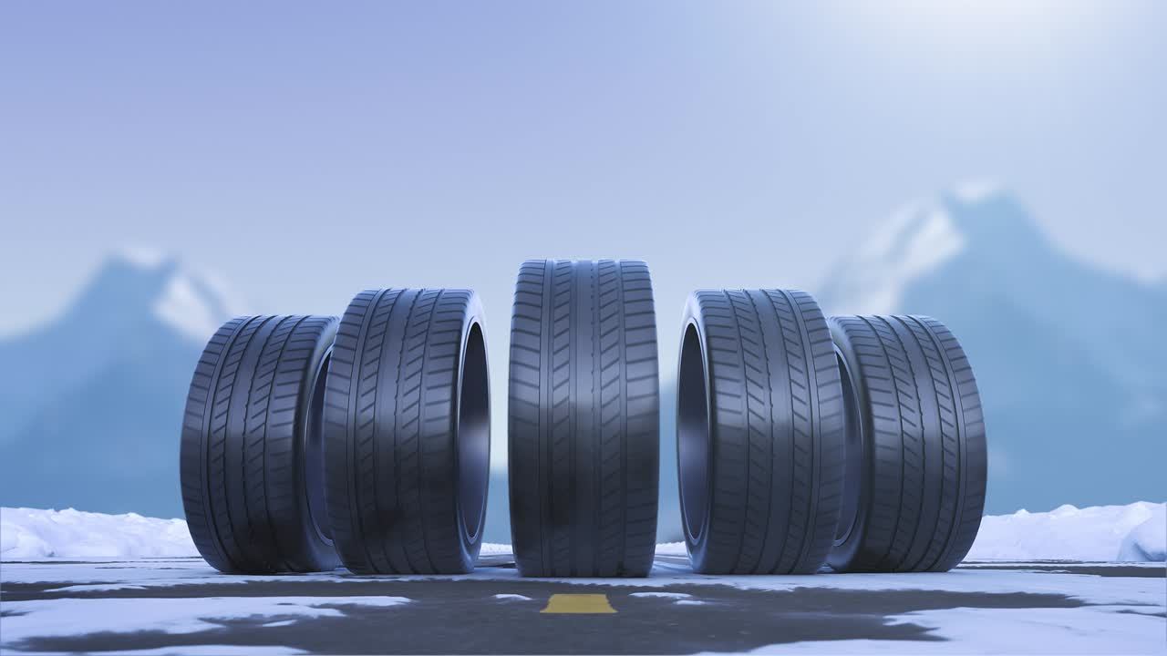 네 개의 루프 자동차 바가 눈 인 도로에서 운전합니다.