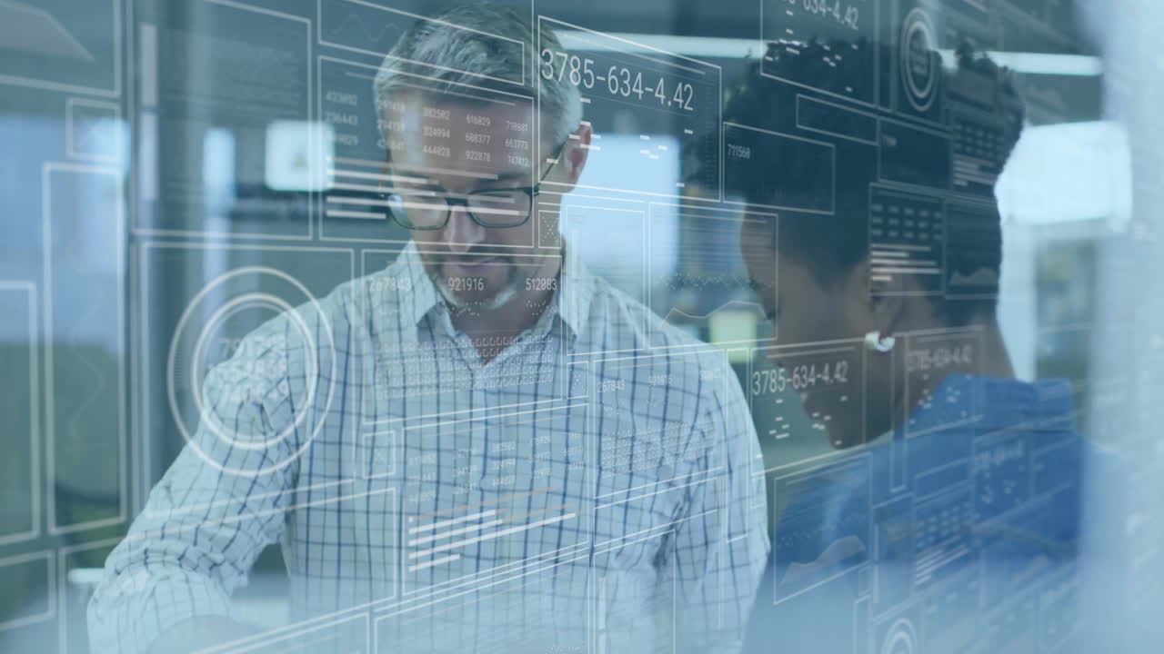 Animation of data processing over diverse colleagues discussing work in office