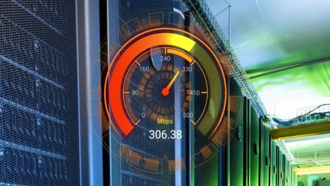 Animation-of-data-processing-and-server-room-over-speedometer