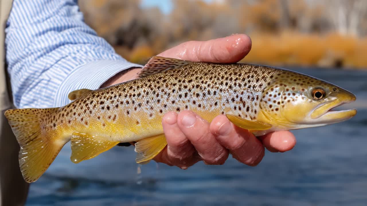 A Close-Up View of a Beautiful Brown Trout Held by an Angler, Showcasing Its Unique Spotting, Shape, and Colors Against a Serene River Background