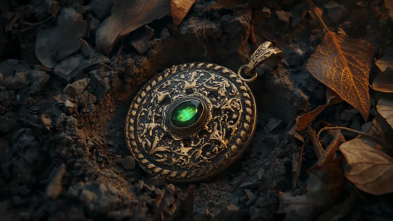 Cámara en movimiento que acerca un colgante ornamentado sobre hojarasca, enfatizando el borde trenzado y la gema verde