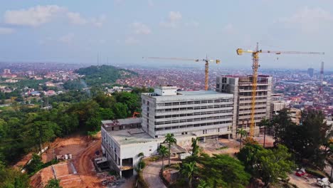 jib up of the luxurious premier hotel with the city of ibadan in the background on a sunny day in nigeria, africa