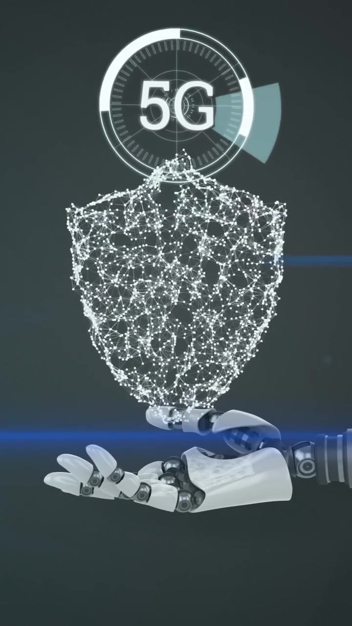 Animazione di simboli di cloud di rete e sicurezza sulla mano di un braccio robotico, con scanner di segnale 5G.